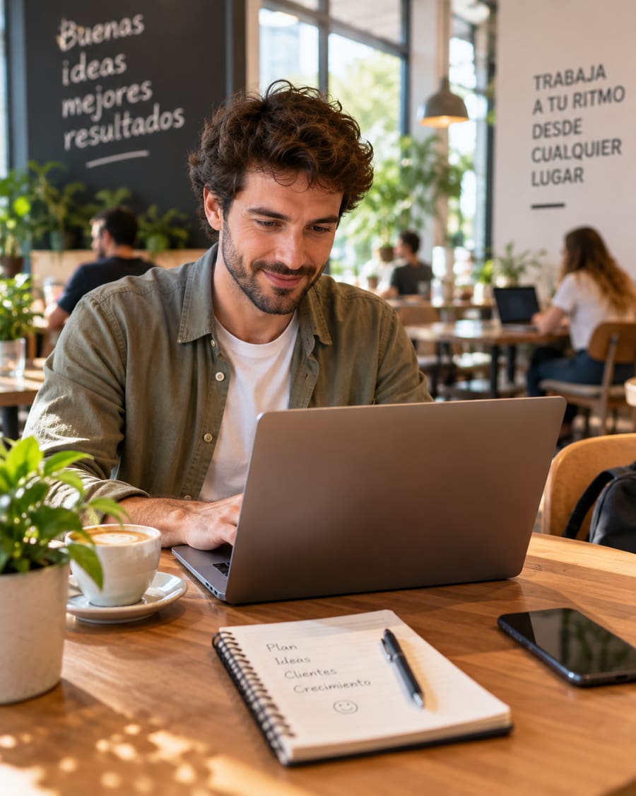 Persona trabajando de forma independiente con un portátil en una cafetería