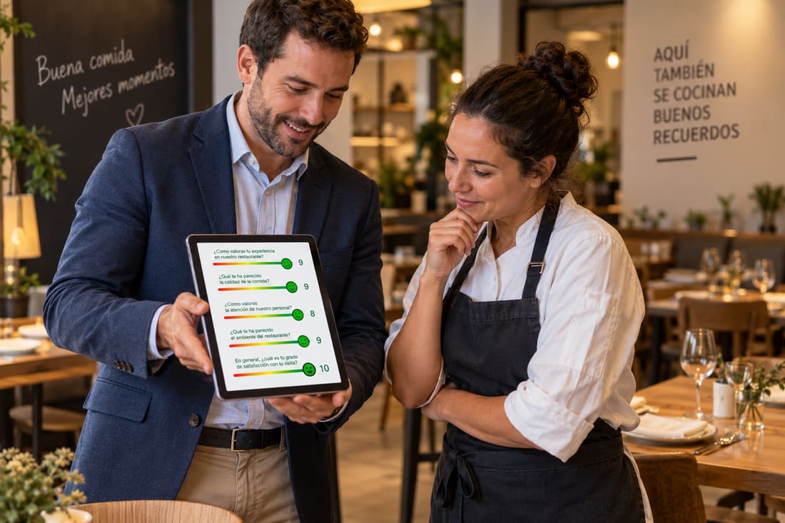 Distribuidor mostrando el sistema Byom! a la propietaria de un restaurante