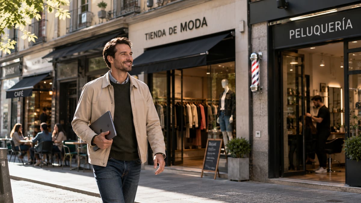 Persona con una tablet caminando por una calle comercial con distintos tipos de negocio