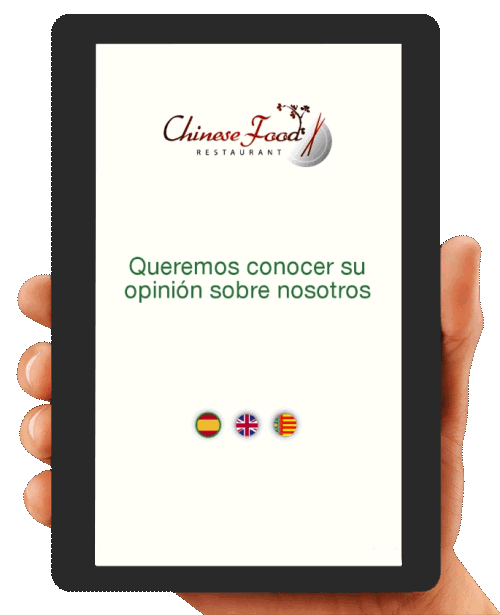 Demostración animada de una encuesta Byom! personalizada con la marca de un restaurante, desde la pantalla de bienvenida hasta las preguntas de valoración